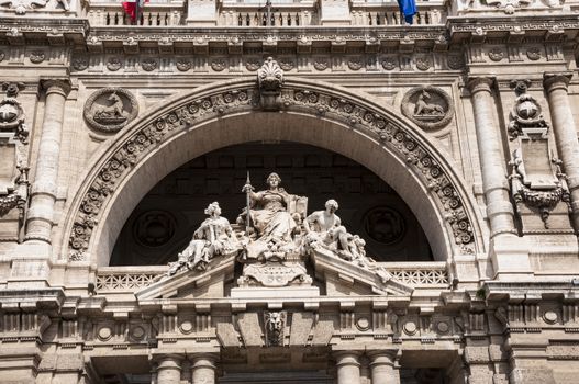 Architectural fragments of Palace of Justice Corte Suprema di Cassazione . Design by Perugia architect Guglielmo Calderini, built between 1888 and 1910. Rome, Italy.