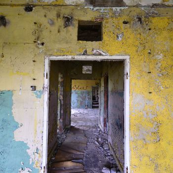 wide angle view of an old wall abandoned factory building