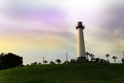 Lighthouse at Pine Avenue Pier. embankment on sunset, California, USA. Long beach, Los-Angeles