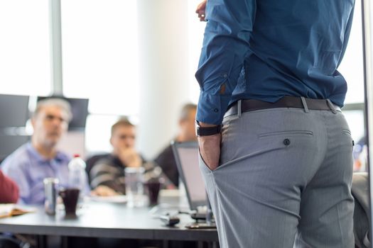 Business man making a presentation at office. Business executive delivering a presentation to his colleagues during meeting or in-house business training. Rear view. Business and entrepreneurship.