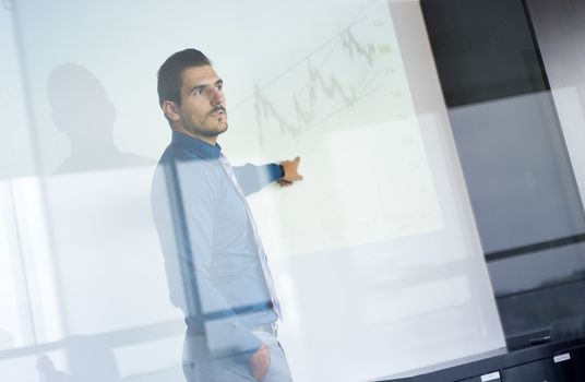 Business man making a presentation in front of whiteboard. Business executive delivering a presentation to his colleagues during meeting or in-house business training. View through glass.