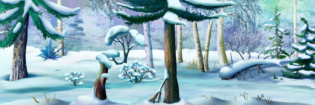 Winter Forest on a Frosty Day. Panorama View. Handmade illustration in a classic cartoon style.