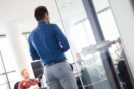 Business man making a presentation at office. Business executive delivering a presentation to his colleagues during meeting or in-house business training. Rear view. Business and entrepreneurship.