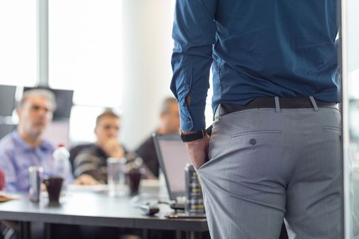 Business man making a presentation at office. Business executive delivering a presentation to his colleagues during meeting or in-house business training. Rear view. Business and entrepreneurship.