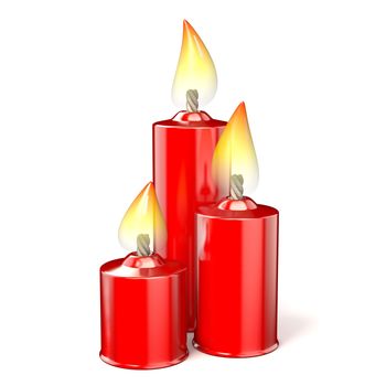 Three red candles. 3D render illustration isolated on white background