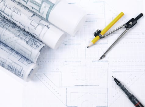 architecture plant on working table with pen and circle compass construction and architectural theme