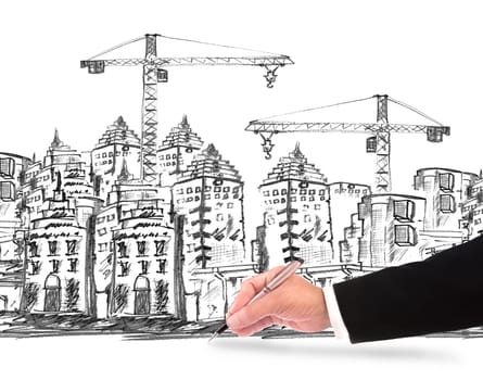 hand of business man writing on building construction sketching  construction business theme