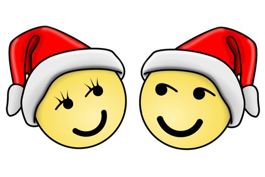 Two smileys with christmas hat or santa hat, man and woman