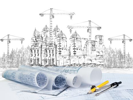 sketching of modern building construction and plan document foreground use for architectural theme