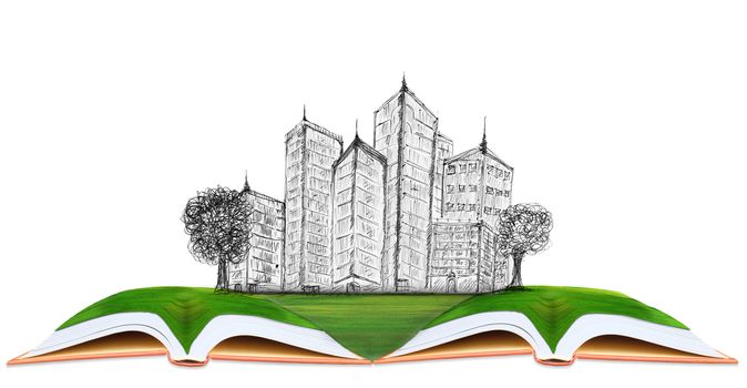 sketching of modern building on green grass field use for architecture and construction business theme