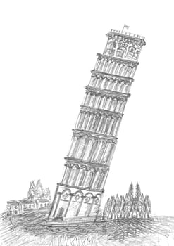 sketching by pen of Leaning Tower Pisa in Tuscany 