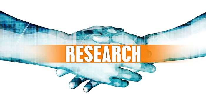 Research Concept with Businessmen Handshake on White Background