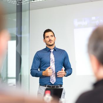 Businessman making a presentation at office. Business executive delivering a presentation to his colleagues during meeting or in-house business training, explaining new business concept and strategy.