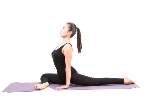 portrait of asian woman wearing black body suit sitting in yoga meditation position isolated white background