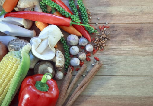 asia vegetable food and herb spice on wood table