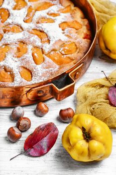 Baked pie with quince in copper kitchen form