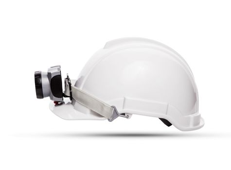 side view of white mining safety helmet with light lamp isolated background