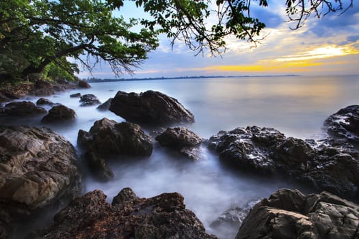 beautiful natural sea scape with long explosure technic against colorful morning light sky use as background,backdrop , nature sea scene and landscape photography