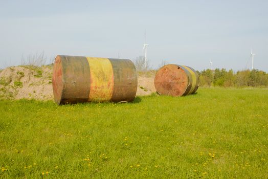 steel tank or oil fuel toxic chemical barrels old rusty color tone for background.