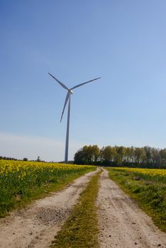 Bright blue sky moving and wind turbine.