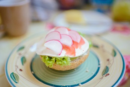 Vegetarian sandwich with fresh vegetables for the breakfast