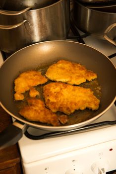 fried golden pork chops in the pan
