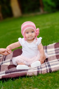 beautiful 4 month old baby girl in pink flower hat and tutu