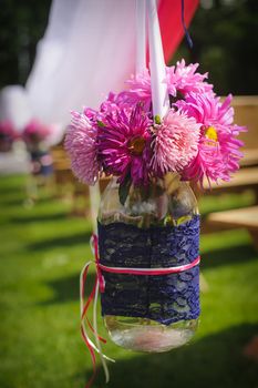 Wedding bouquet set up in evening outdoor 