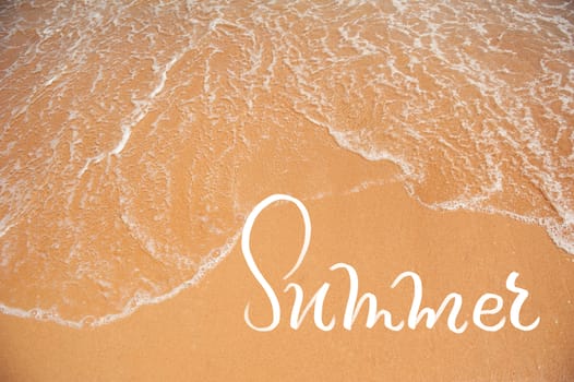 Wave of sea on the sand beach and word Summer. calligraphy lettering.