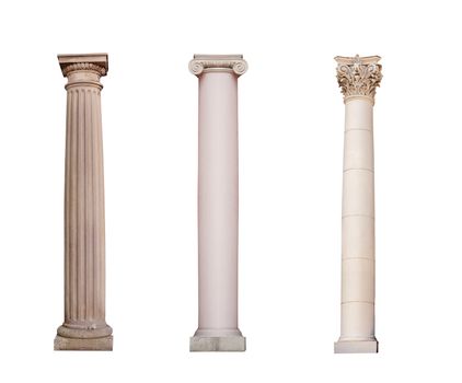 ancient columns of Ionic, Doric and Corinthian ordo are isolated on a white background.