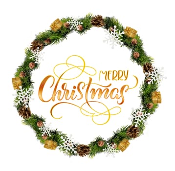 wreath isolated over white background with text Merry Christmas. Calligraphy lettering.