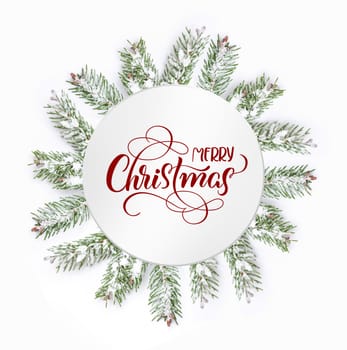 Christmas tree isolate on white background with text Merry Christmas. Calligraphy lettering.