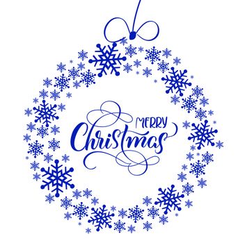 beautiful round background from blue snowflakes and text Merry Christmas. Lettering calligraphy.