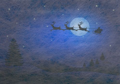 Grey fiber fabric and blue glitter film and reindeer and sled, christmas card