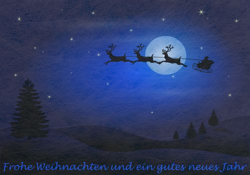 Grey fiber fabric and blue glitter film and reindeer and sled and the german words for Merry Christmas and a happy new year, christmas card