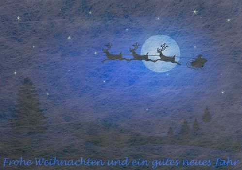 Grey fiber fabric and blue glitter film and reindeer and sled and the german words for Merry Christmas and a happy new year, christmas card