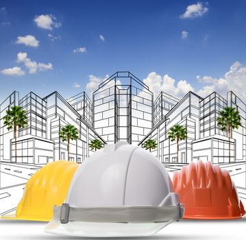 three color of safety construction protective helmet on white background