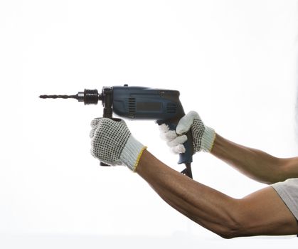electric drilling in worker hand prepar to drilling on subject isolated white background use for diy home working and industry worker