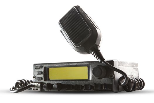 cb radio  transceiver station and loud speaker holding on air on white background use for ham connection and  amateur Radio Gear theme