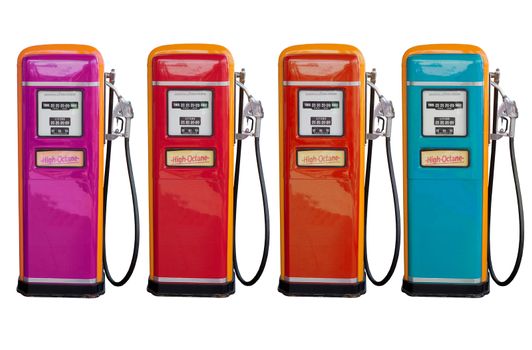 several color of old classic oil distributor in gasoline station service  isolated white use for retro and vintage style