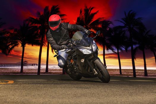 young man riding big bike motorcycle on asphalt roads against beautiful dusky sky use for sport leisure and male activities theme