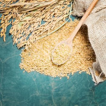 Brown rice uncooked in a bag with a pile of brown rice with over a full spoonful of rice and spike rice on table background.