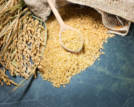 Brown rice uncooked in a bag with a pile of brown rice with over a full spoonful of rice and spike rice on table background.