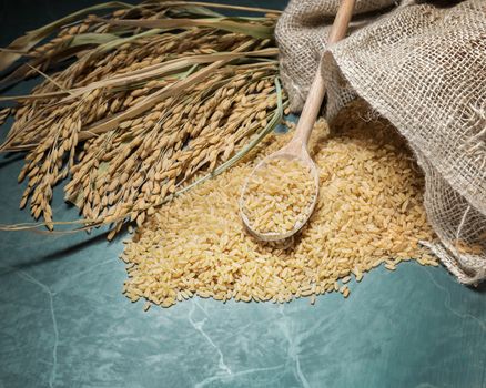 Brown rice uncooked in a bag with a pile of brown rice with over a full spoonful of rice and spike rice on table background.