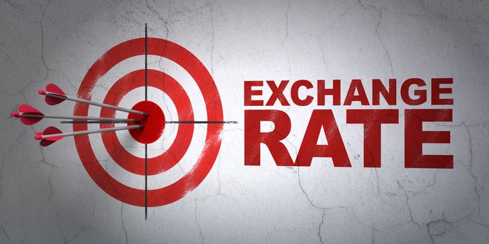 Success money concept: arrows hitting the center of target, Red Exchange Rate on wall background, 3D rendering