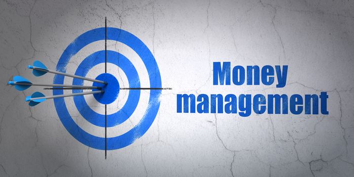 Success money concept: arrows hitting the center of target, Blue Money Management on wall background, 3D rendering