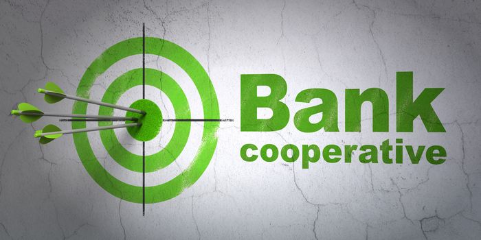 Success currency concept: arrows hitting the center of target, Green Bank Cooperative on wall background, 3D rendering