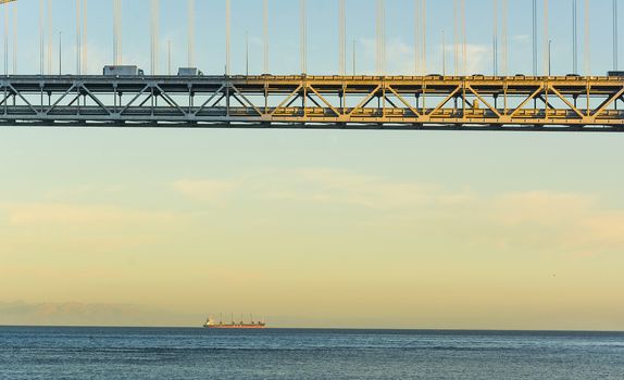 San Francisco,CA, USA, october 22, 2016; portion of Bay bridge with sea and trucks