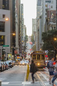 Cable car moving in the streets of San Francisco