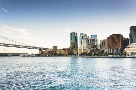 skyline of San Francisco form the pedesttrian way of Pier 14